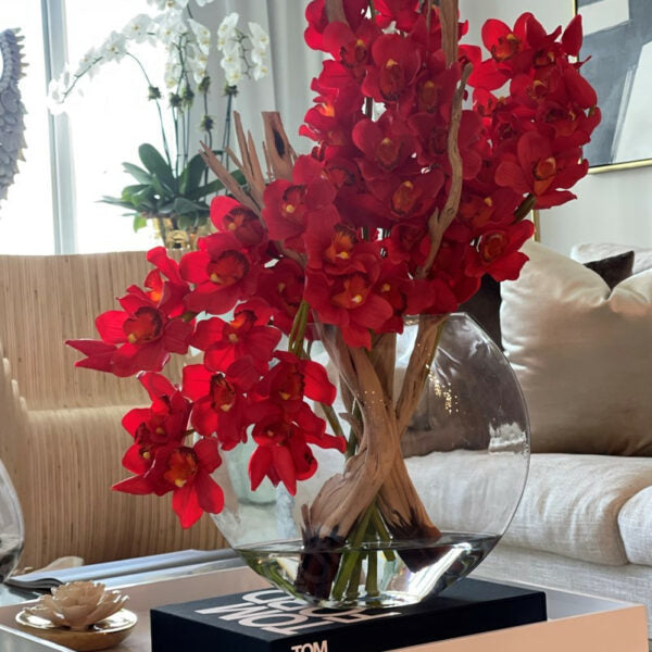 Rote Cymbidium-Orchideen im Moon-Pflanzgefäß